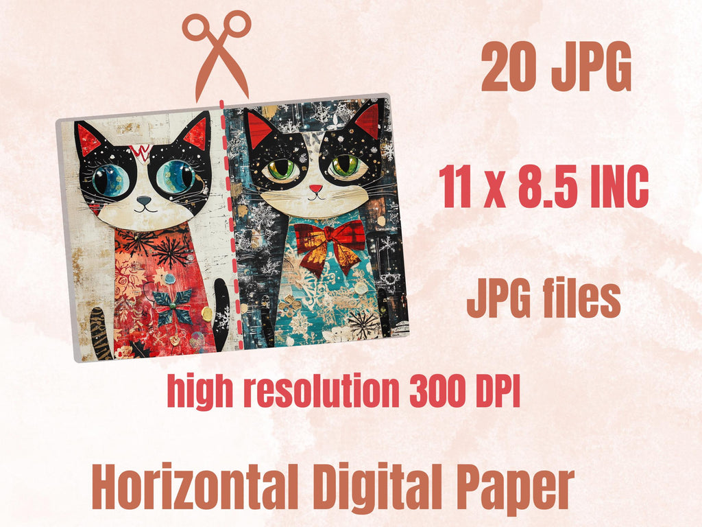 Whimsical Christmas Cat Junk Journal Kit, Winter Noel Ephemera, Mixed Media Collage Sheet, Xmas Scrapbook Paper, Cute Christmas ATC Card