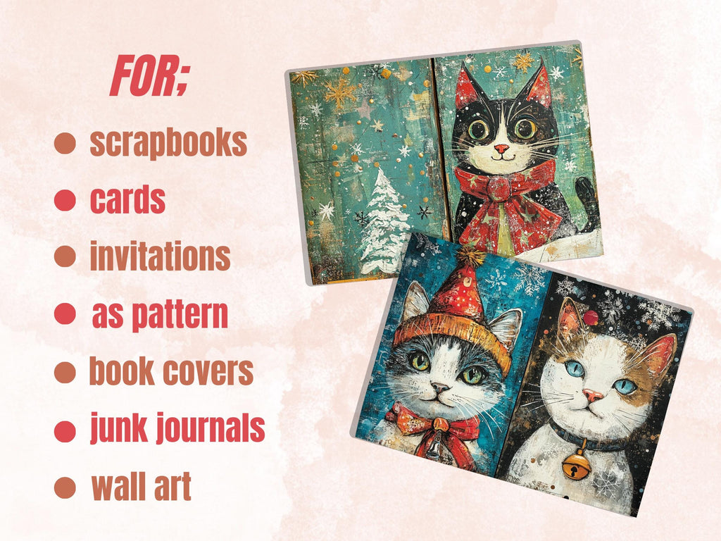 Whimsical Christmas Cat Junk Journal Kit, Winter Noel Ephemera, Mixed Media Collage Sheet, Xmas Scrapbook Paper, Cute Christmas ATC Card
