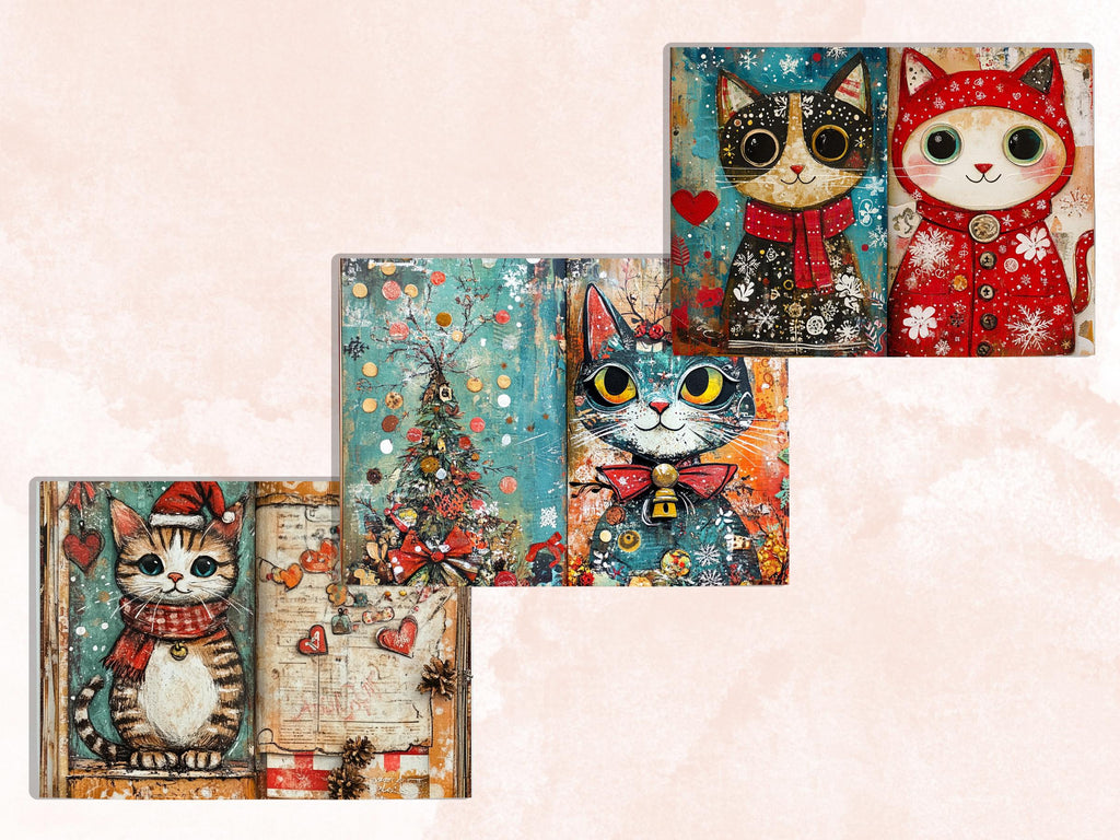 Whimsical Christmas Cat Junk Journal Kit, Winter Noel Ephemera, Mixed Media Collage Sheet, Xmas Scrapbook Paper, Cute Christmas ATC Card
