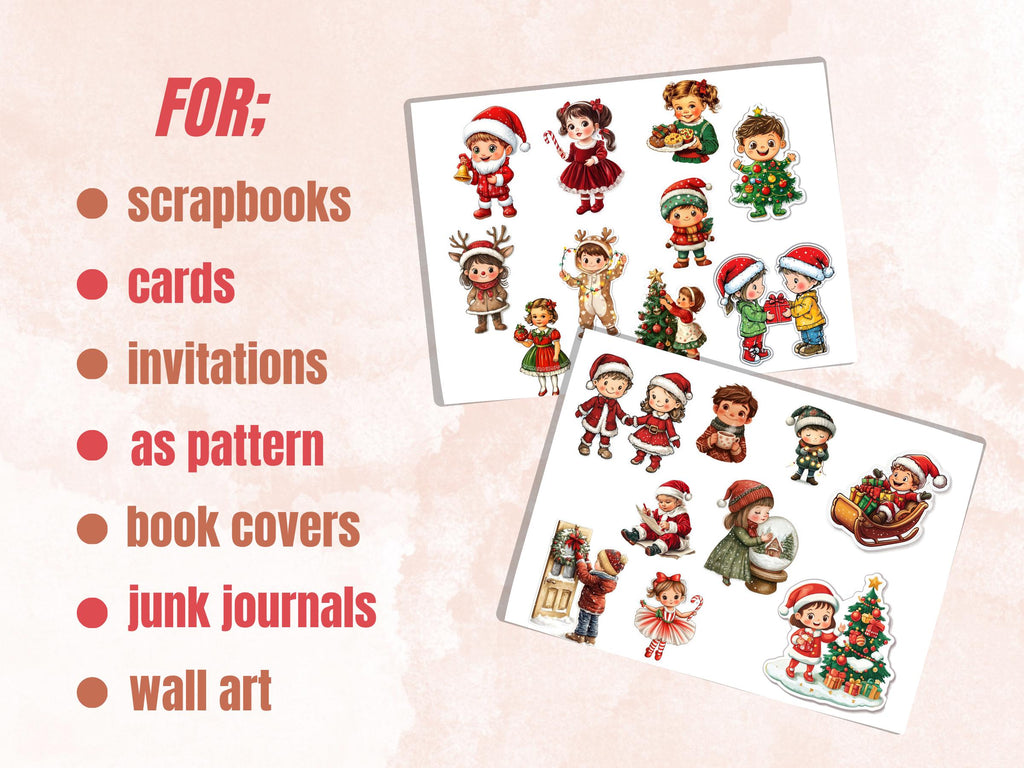 Christmas Kids Fussy Cut Pages, Whimsical Xmas Holiday Fussy Cut Ephemera Sheet, Christmas Journal Add On Kit, Xmas Mixed Media Collage