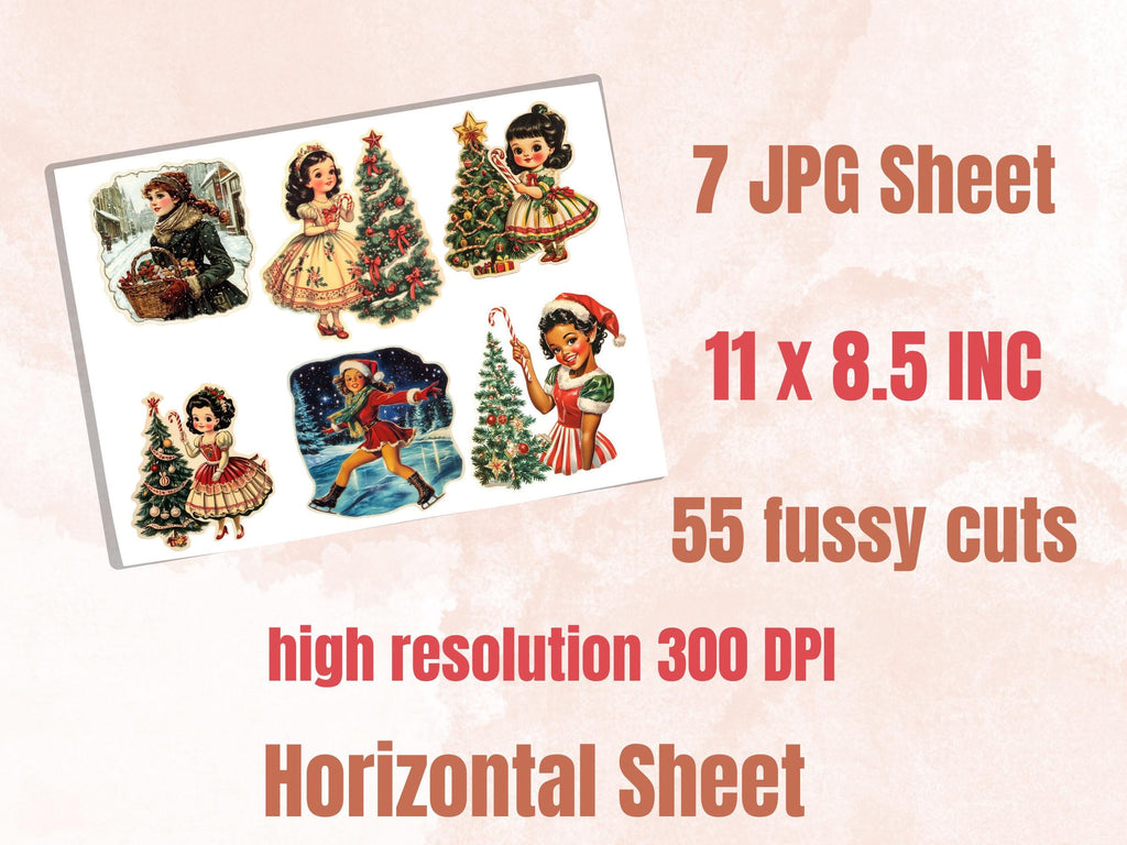 Christmas Girls Fussy Cut Pages, Whimsical Xmas Holiday Fussy Cut Ephemera Sheet, Christmas Journal Add On Kit, Xmas Mixed Media Collage
