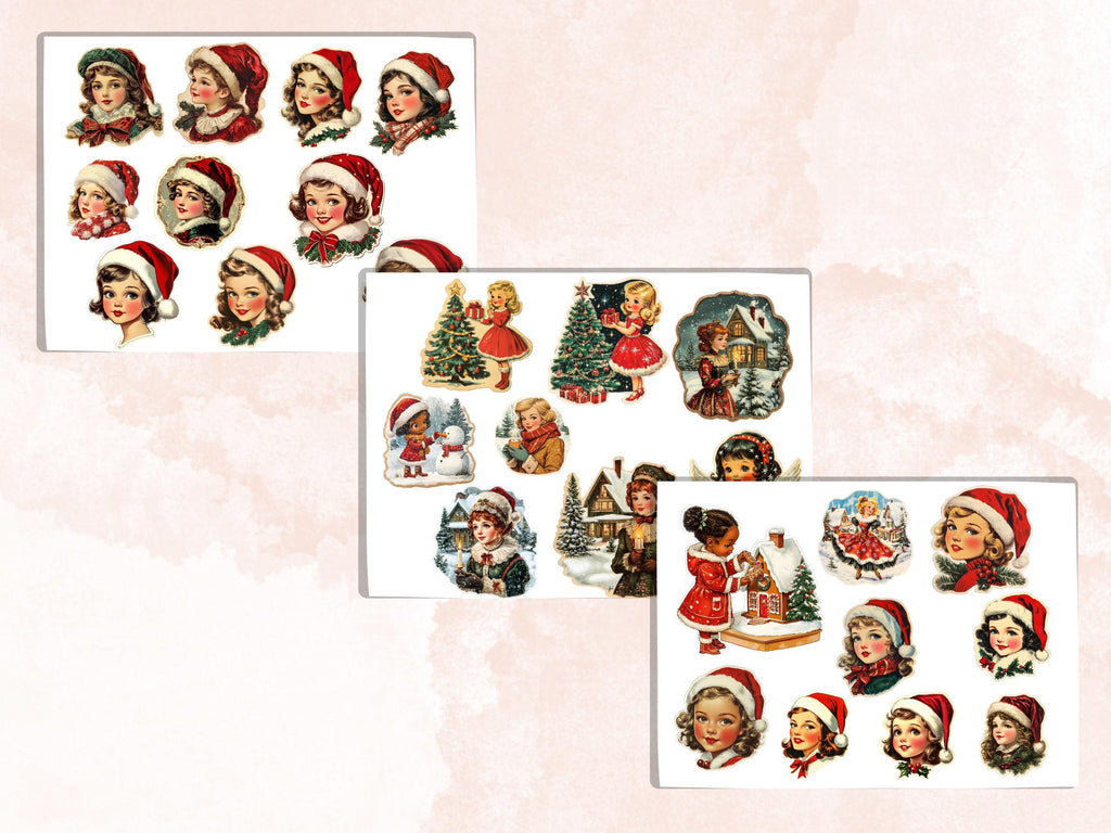 Christmas Girls Fussy Cut Pages, Whimsical Xmas Holiday Fussy Cut Ephemera Sheet, Christmas Journal Add On Kit, Xmas Mixed Media Collage
