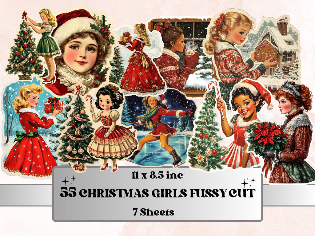 Christmas Girls Fussy Cut Pages, Whimsical Xmas Holiday Fussy Cut Ephemera Sheet, Christmas Journal Add On Kit, Xmas Mixed Media Collage