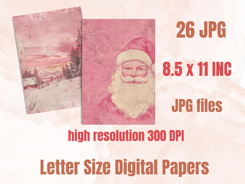 Printable Pink Christmas Digital Journal Paper, Mixed Media Christmas Collage, Pink Xmas Noel Pages, Download Junk Journal, Scrapbooking