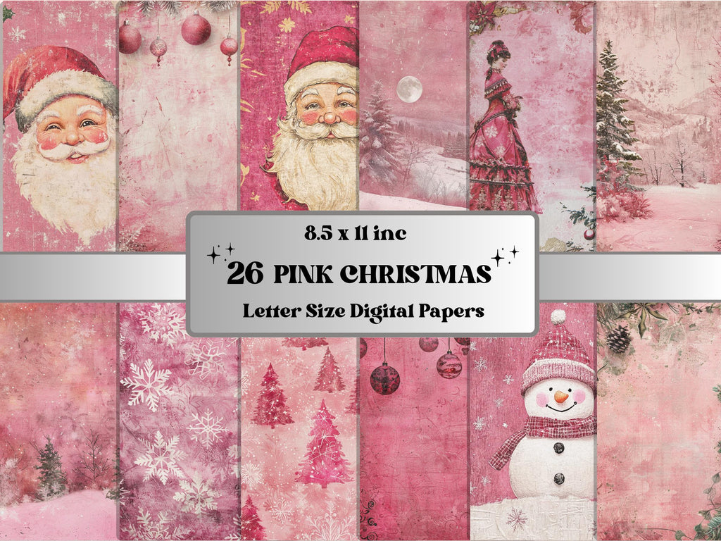 Printable Pink Christmas Digital Journal Paper, Mixed Media Christmas Collage, Pink Xmas Noel Pages, Download Junk Journal, Scrapbooking