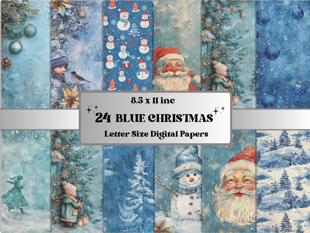 Printable Blue Christmas Digital Journal Paper, Mixed Media Christmas Collage, Blue Xmas Noel Pages, Download Junk Journal, Scrapbooking