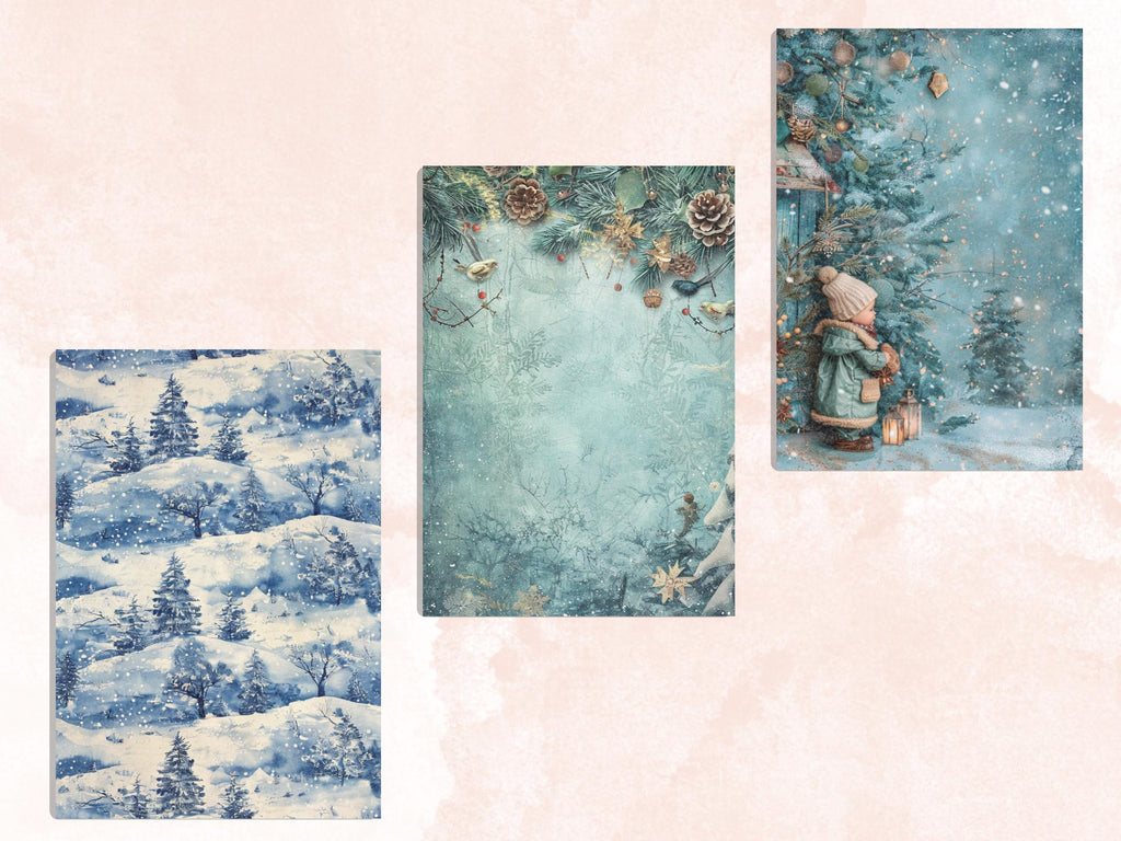 Printable Blue Christmas Digital Journal Paper, Mixed Media Christmas Collage, Blue Xmas Noel Pages, Download Junk Journal, Scrapbooking