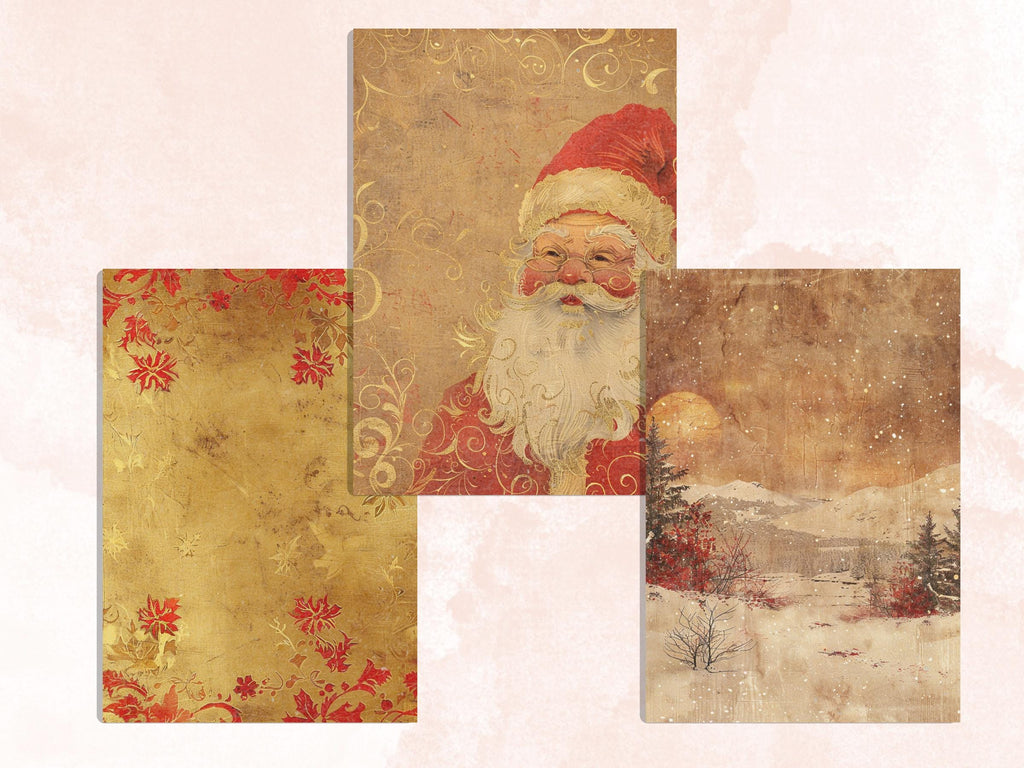 Printable Gold and Red Christmas Digital Paper, Mixed Media Christmas Collage, Gold Xmas Noel Pages, Download Junk Journal, Scrapbooking
