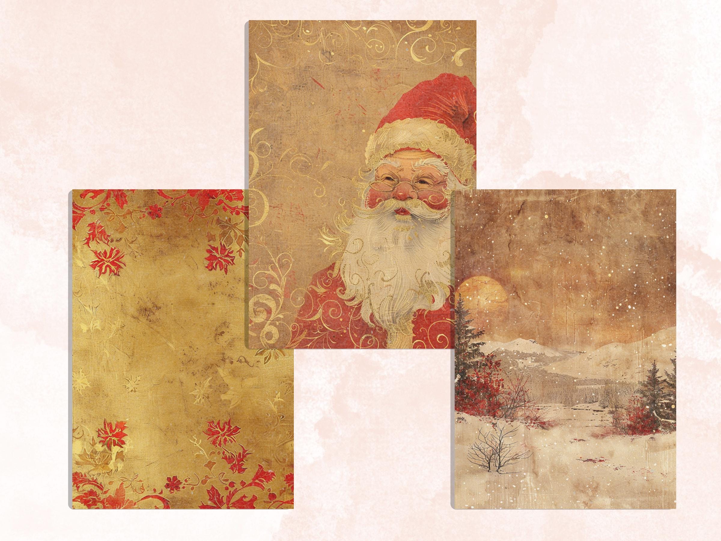 Printable Gold and Red Christmas Digital Paper, Mixed Media Christmas Collage, Gold Xmas Noel Pages, Download Junk Journal, Scrapbooking