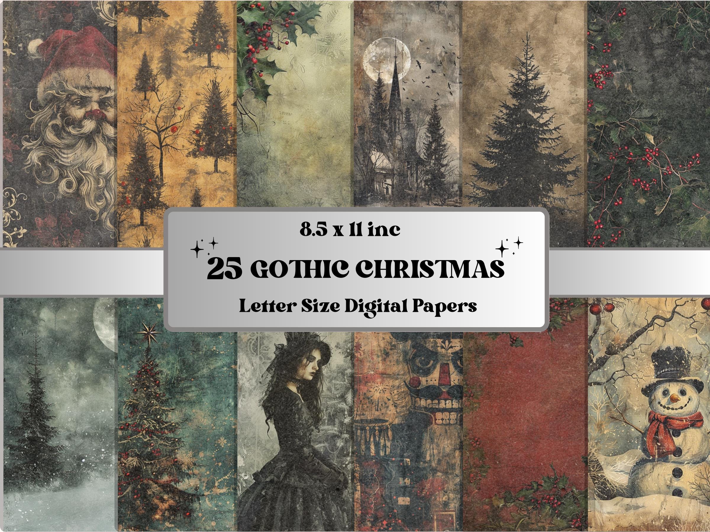 Printable Gothic Christmas Journal Paper, Spooky Christmas Collage, Dark Fantasy Xmas Noel Pages, Creepy Junk Journal, Scrapbooking, Cards