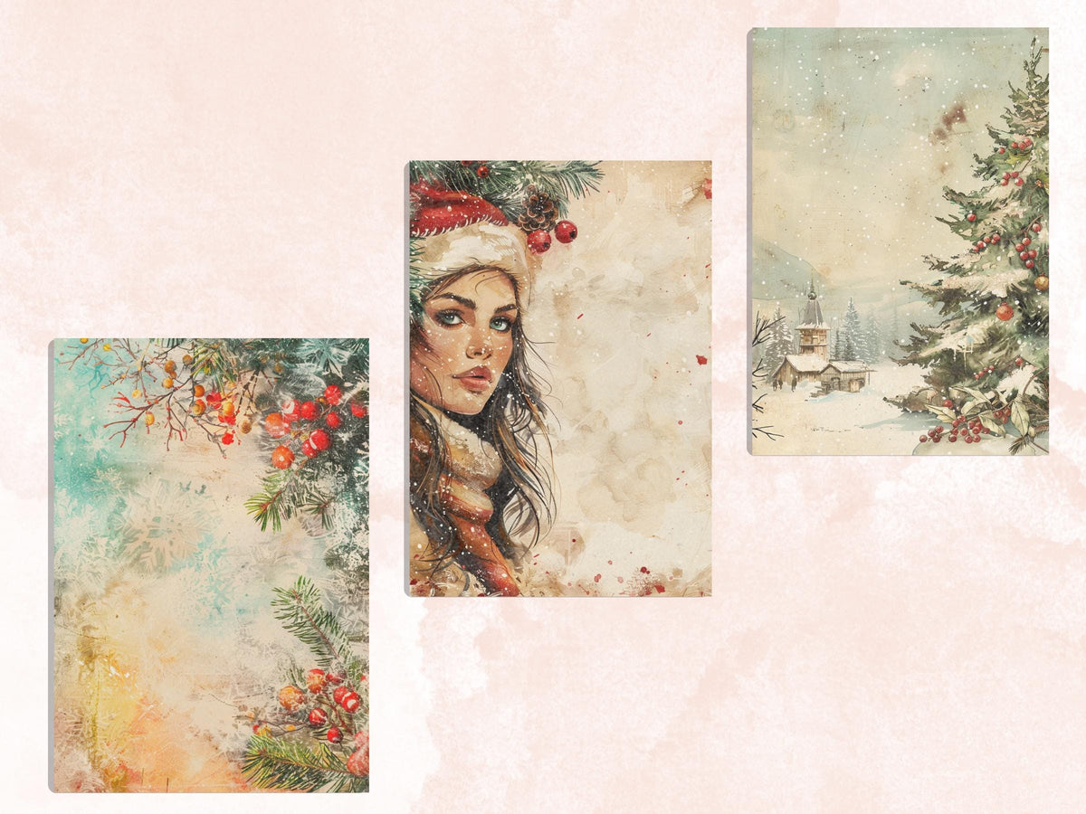 Printable Watercolor Christmas Journal Paper, Mixed Media Christmas Collage, Pastel Xmas Noel Pages, Download Junk Journal, Scrapbooking