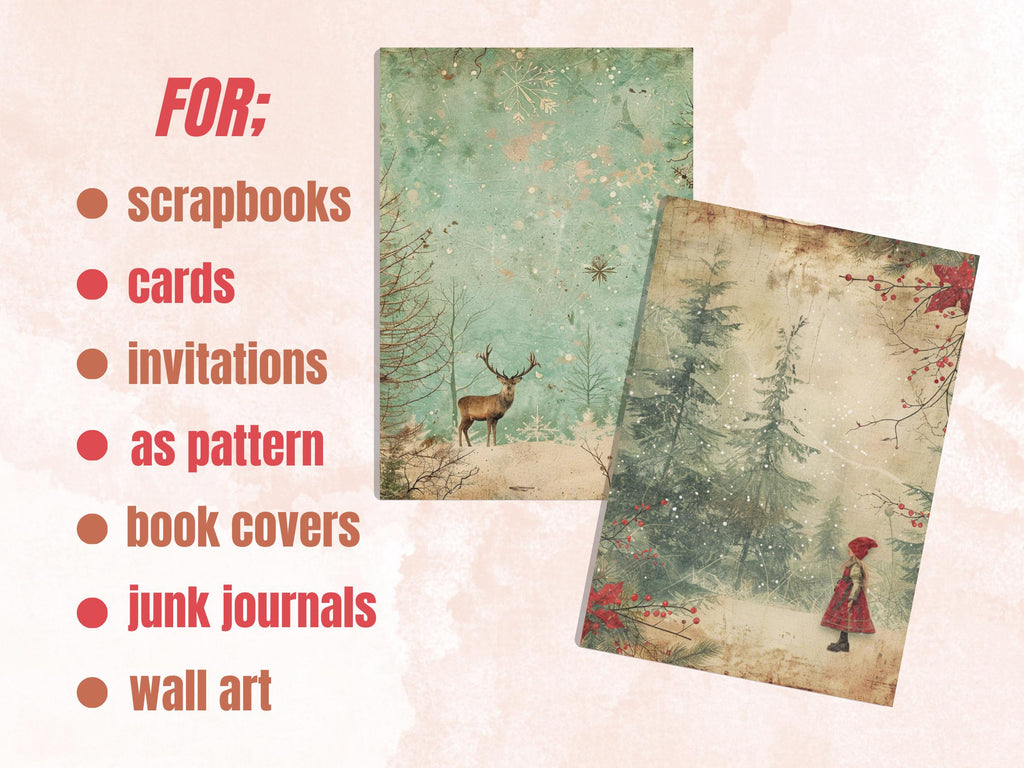 Printable Christmas Woodland Journal Paper, Enchanted Christmas Forest Collage, Xmas Woodland Pages, Download Junk Journal, Scrapbooking