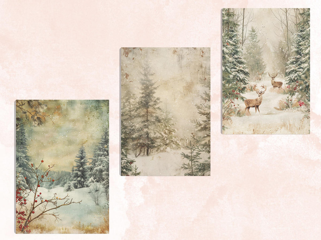 Printable Christmas Woodland Journal Paper, Enchanted Christmas Forest Collage, Xmas Woodland Pages, Download Junk Journal, Scrapbooking
