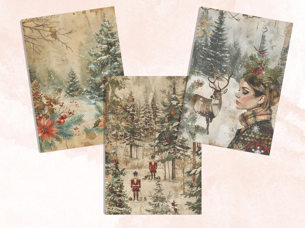 Printable Christmas Woodland Journal Paper, Enchanted Christmas Forest Collage, Xmas Woodland Pages, Download Junk Journal, Scrapbooking