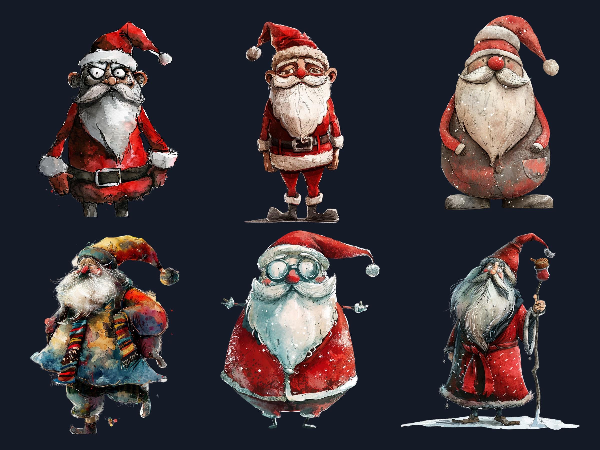 40 PNG Watercolor Whimsical Santa Clipart, Quirky Christmas Illustrations Clip art, Jolly Quirky Santa Claus png, Whimsical Xmas Sublimation
