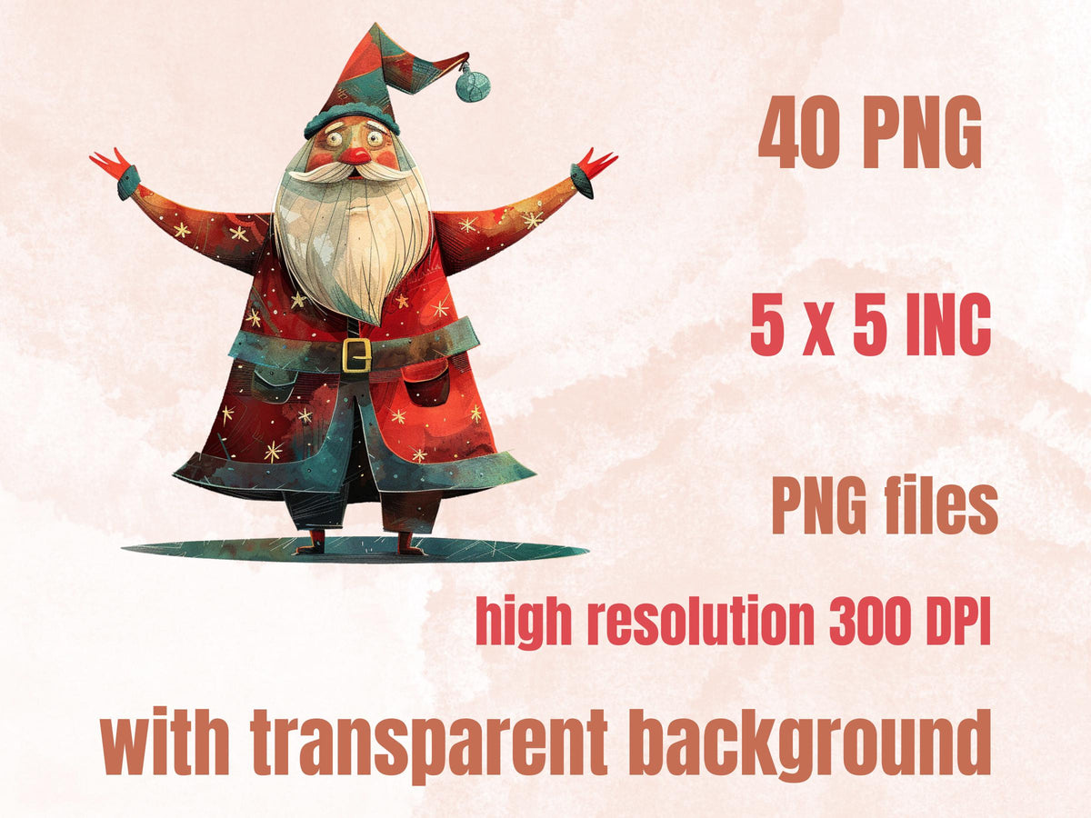40 PNG Watercolor Whimsical Santa Clipart, Quirky Christmas Illustrations Clip art, Jolly Quirky Santa Claus png, Whimsical Xmas Sublimation