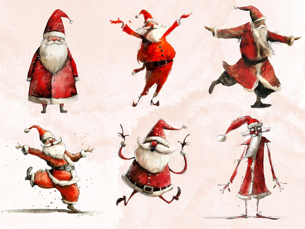 40 PNG Watercolor Whimsical Santa Clipart, Quirky Christmas Illustrations Clip art, Jolly Quirky Santa Claus png, Whimsical Xmas Sublimation