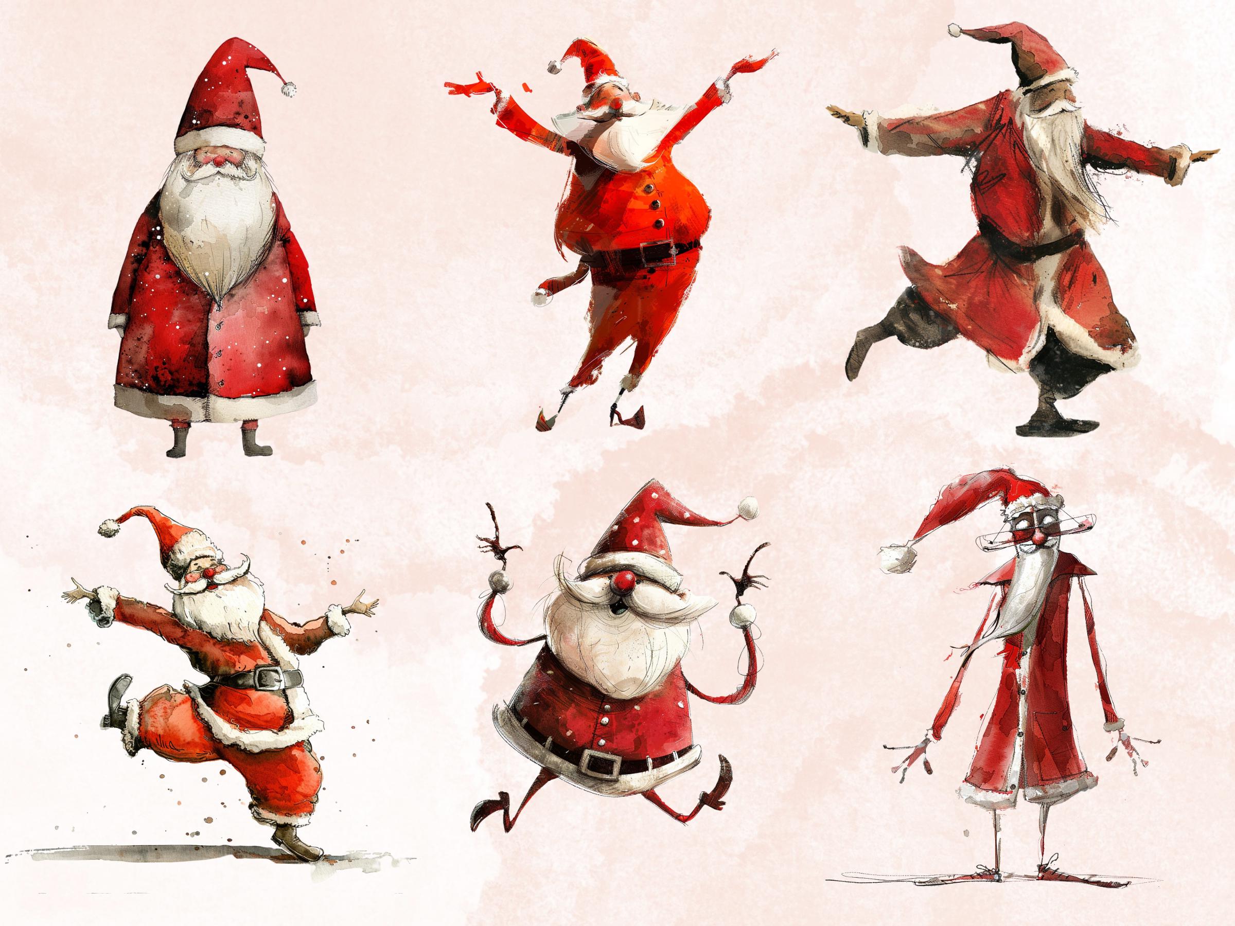 40 PNG Watercolor Whimsical Santa Clipart, Quirky Christmas Illustrations Clip art, Jolly Quirky Santa Claus png, Whimsical Xmas Sublimation
