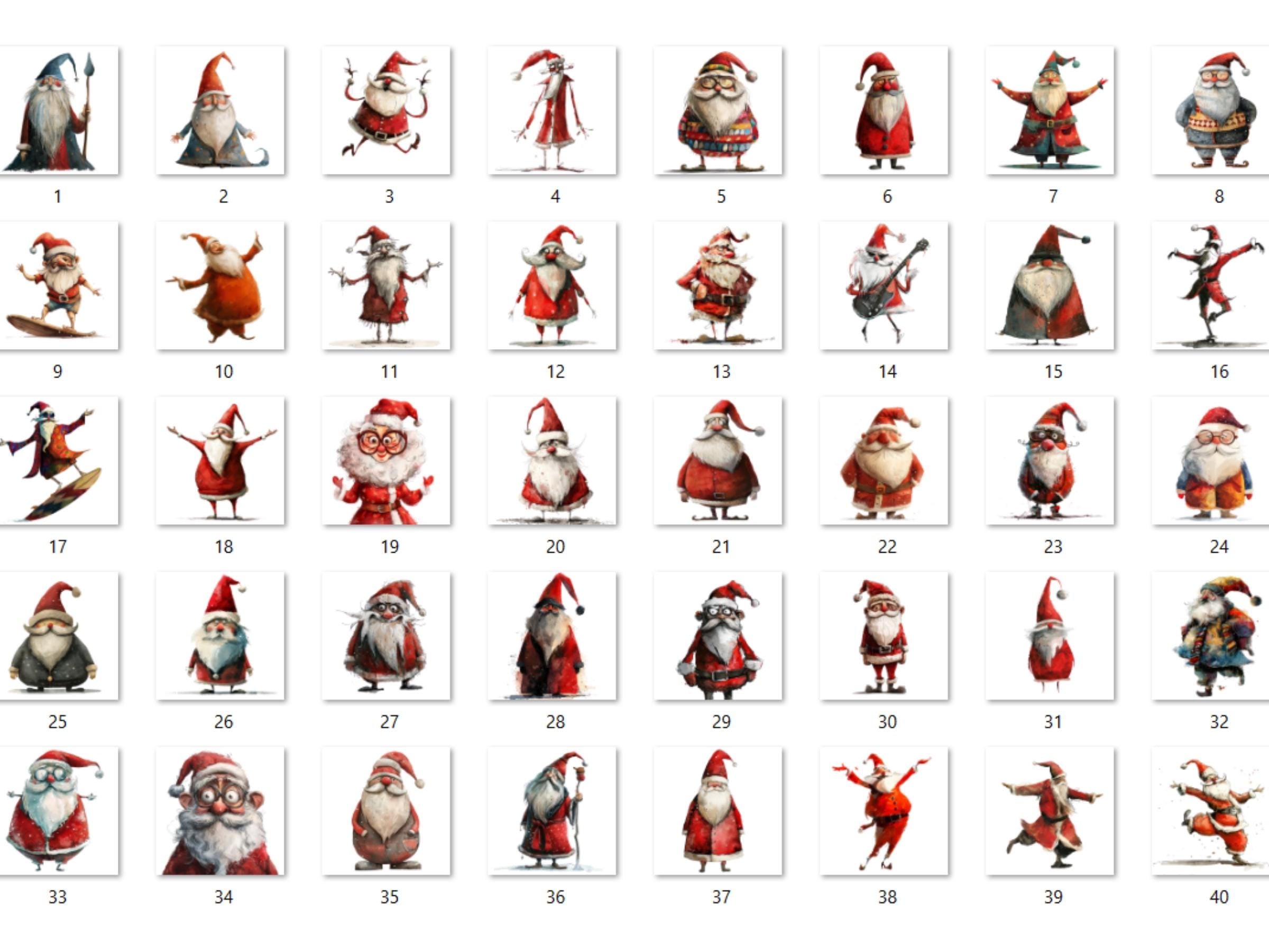40 PNG Watercolor Whimsical Santa Clipart, Quirky Christmas Illustrations Clip art, Jolly Quirky Santa Claus png, Whimsical Xmas Sublimation