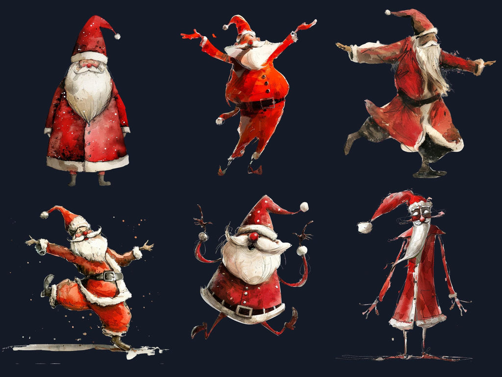 40 PNG Watercolor Whimsical Santa Clipart, Quirky Christmas Illustrations Clip art, Jolly Quirky Santa Claus png, Whimsical Xmas Sublimation