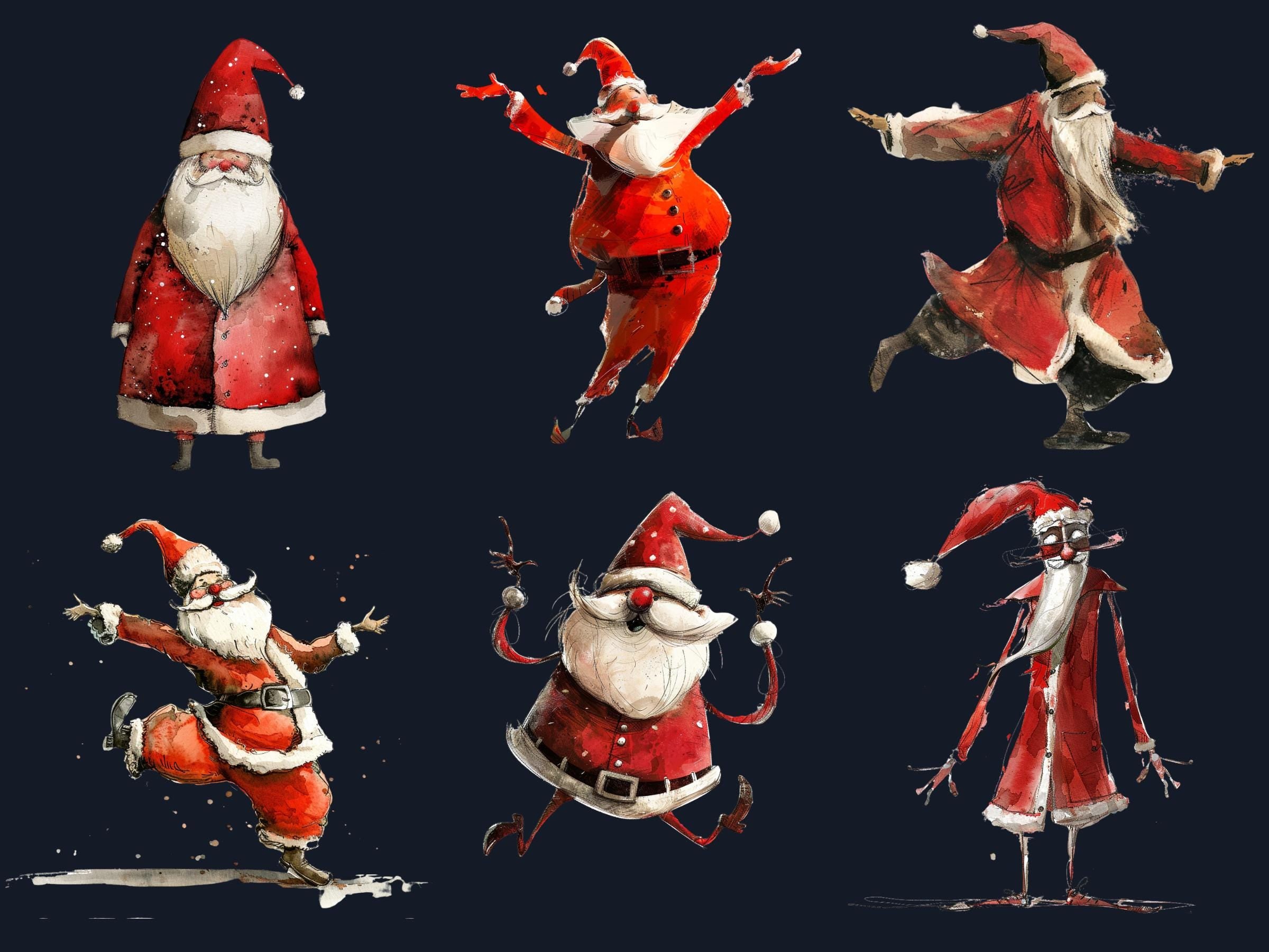 40 PNG Watercolor Whimsical Santa Clipart, Quirky Christmas Illustrations Clip art, Jolly Quirky Santa Claus png, Whimsical Xmas Sublimation