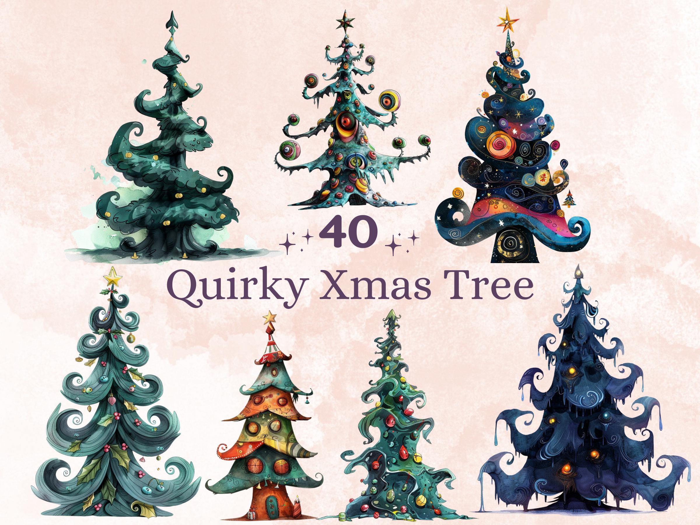 40 PNG Watercolor Whimsical Xmas Tree Clipart, Quirky Christmas Illustrations Clip art, Quirky Noel Tree png, Whimsical Xmas Sublimation