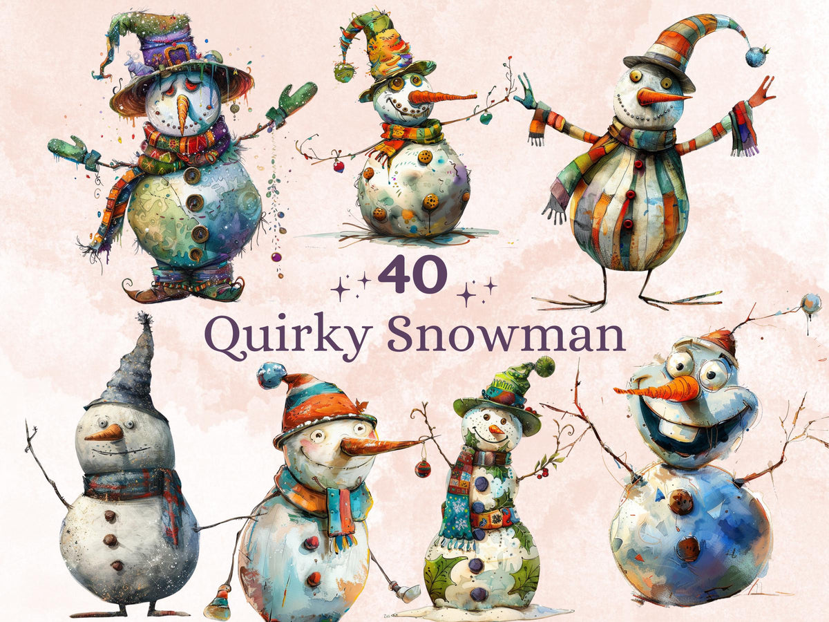 40 PNG Whimsical Snowman Clipart, Quirky Christmas Illustrations Clip art, Jolly Quirky Snowman png, Whimsical Winter Xmas Sublimation
