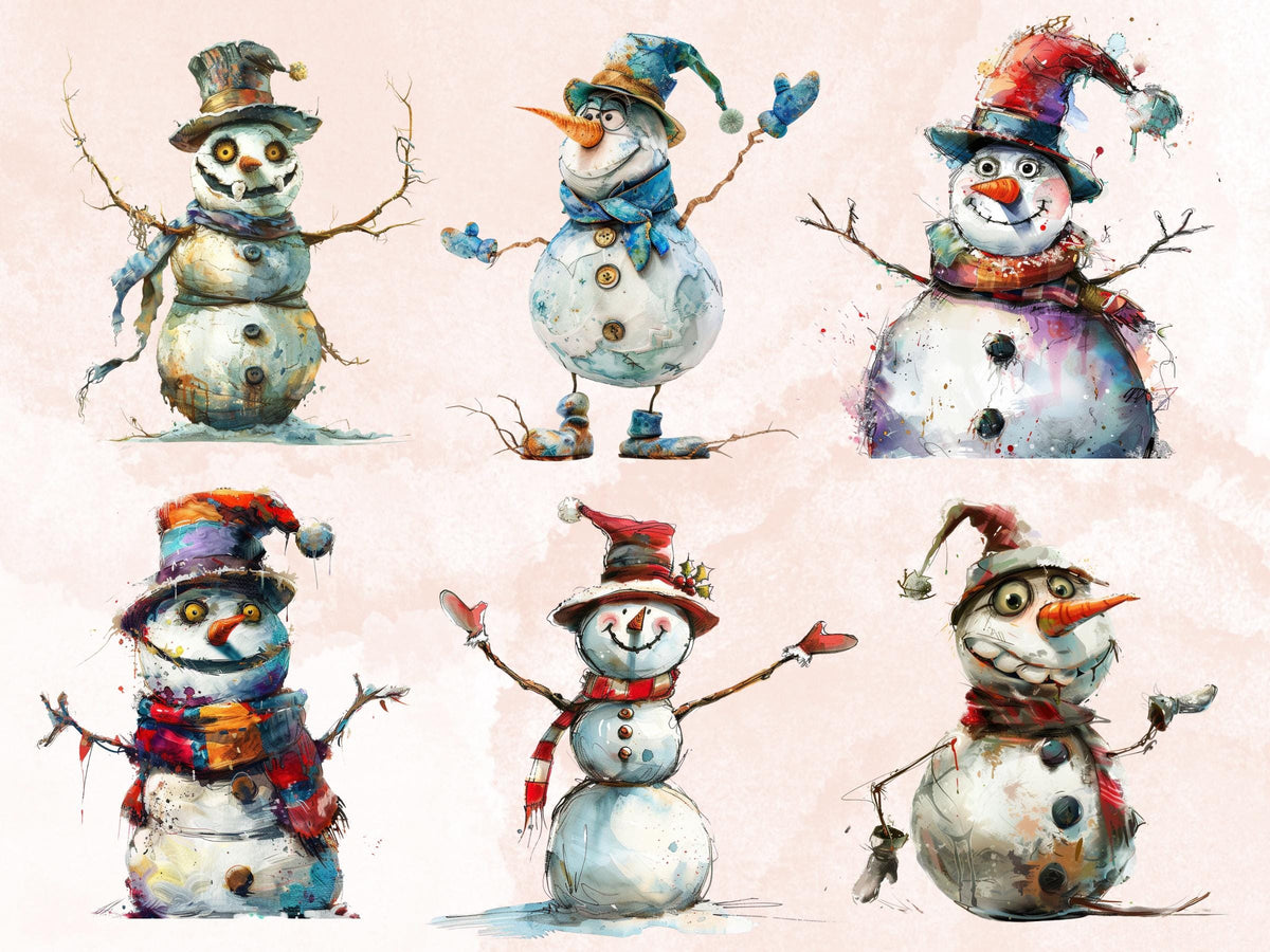 40 PNG Whimsical Snowman Clipart, Quirky Christmas Illustrations Clip art, Jolly Quirky Snowman png, Whimsical Winter Xmas Sublimation