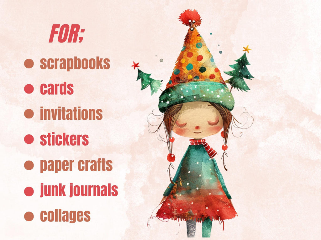 50 PNG Whimsical Christmas Girl Clipart, Quirky Xmas Girl Illustrations Clip art, Jolly Quirky Peculiar Girl png, Whimsical Elf Sublimation