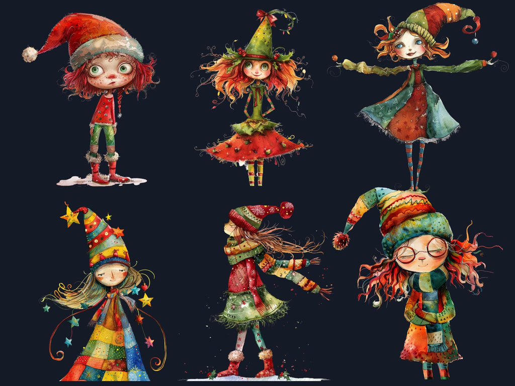 50 PNG Whimsical Christmas Girl Clipart, Quirky Xmas Girl Illustrations Clip art, Jolly Quirky Peculiar Girl png, Whimsical Elf Sublimation