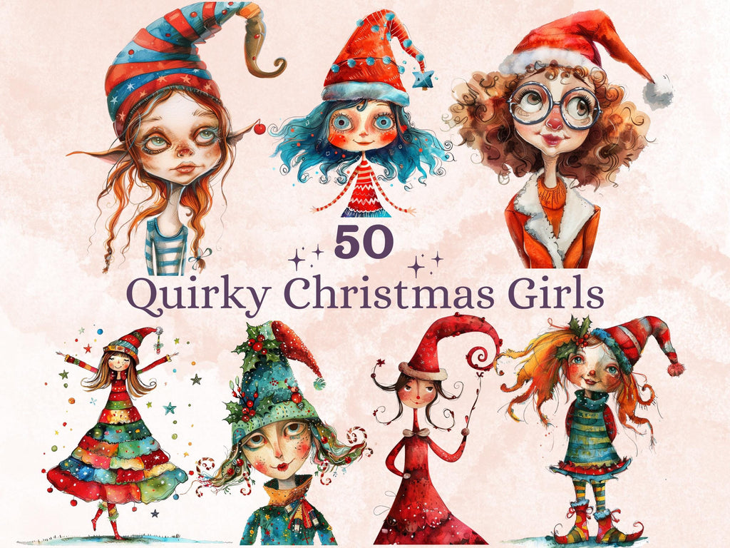 50 PNG Whimsical Christmas Girl Clipart, Quirky Xmas Girl Illustrations Clip art, Jolly Quirky Peculiar Girl png, Whimsical Elf Sublimation