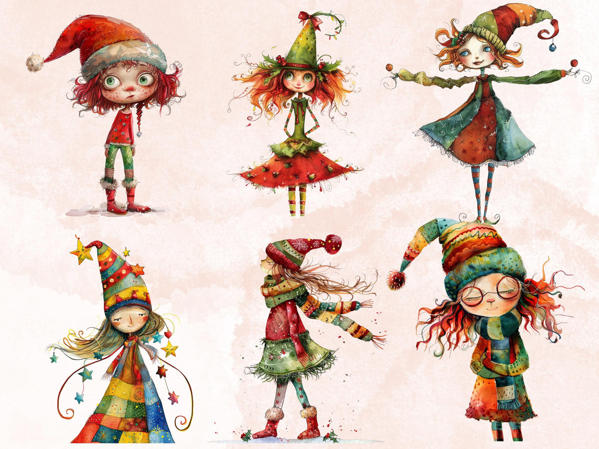 50 PNG Whimsical Christmas Girl Clipart, Quirky Xmas Girl Illustrations Clip art, Jolly Quirky Peculiar Girl png, Whimsical Elf Sublimation