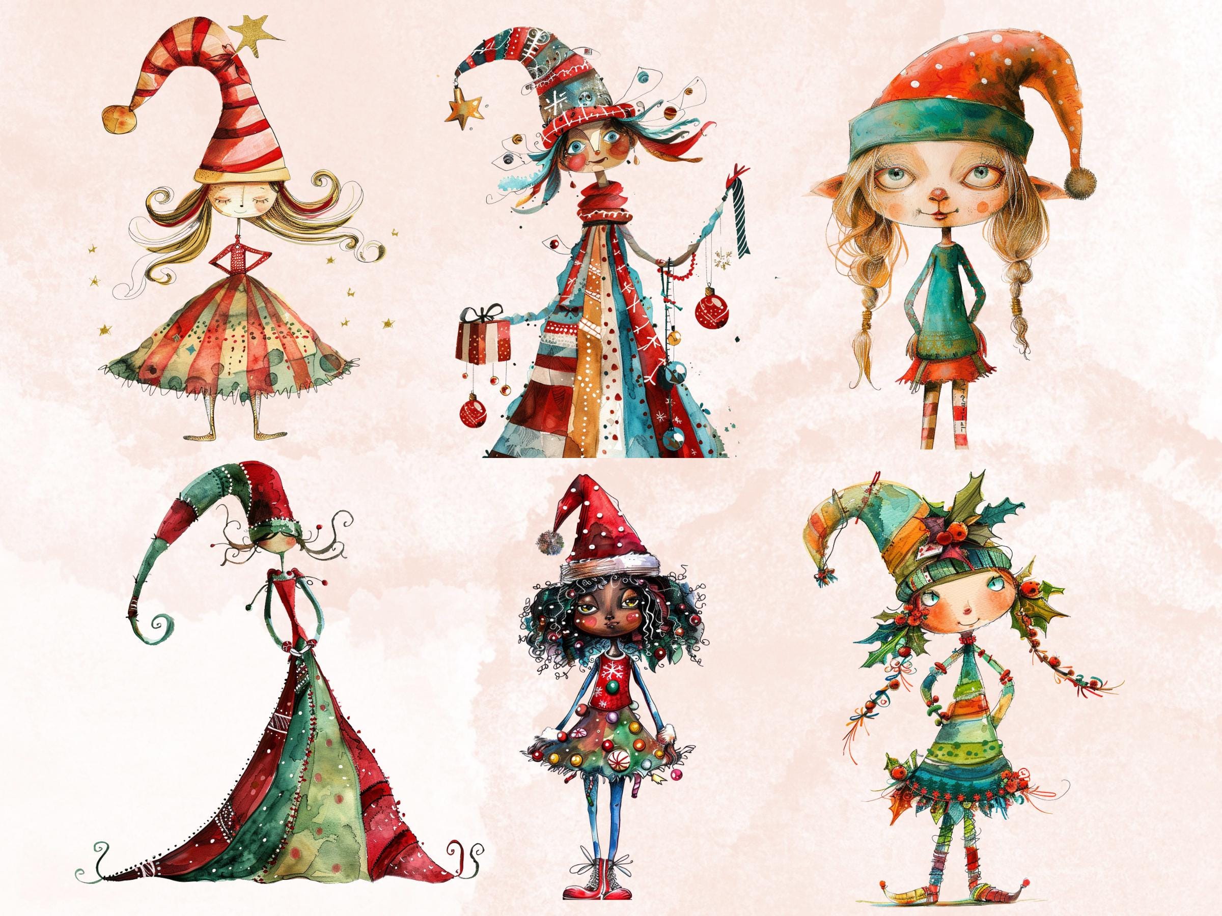 50 PNG Whimsical Christmas Girl Clipart, Quirky Xmas Girl Illustrations Clip art, Jolly Quirky Peculiar Girl png, Whimsical Elf Sublimation