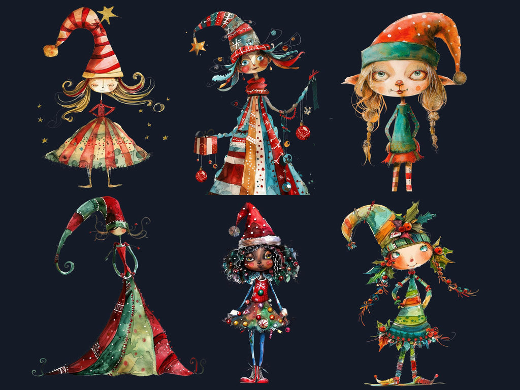 50 PNG Whimsical Christmas Girl Clipart, Quirky Xmas Girl Illustrations Clip art, Jolly Quirky Peculiar Girl png, Whimsical Elf Sublimation