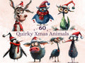 60 PNG Quirky Christmas Animals Clipart, Whimsical Christmas Illustrations Clip art, Quirky Animals Bundle png, Fantasy Xmas Sublimation