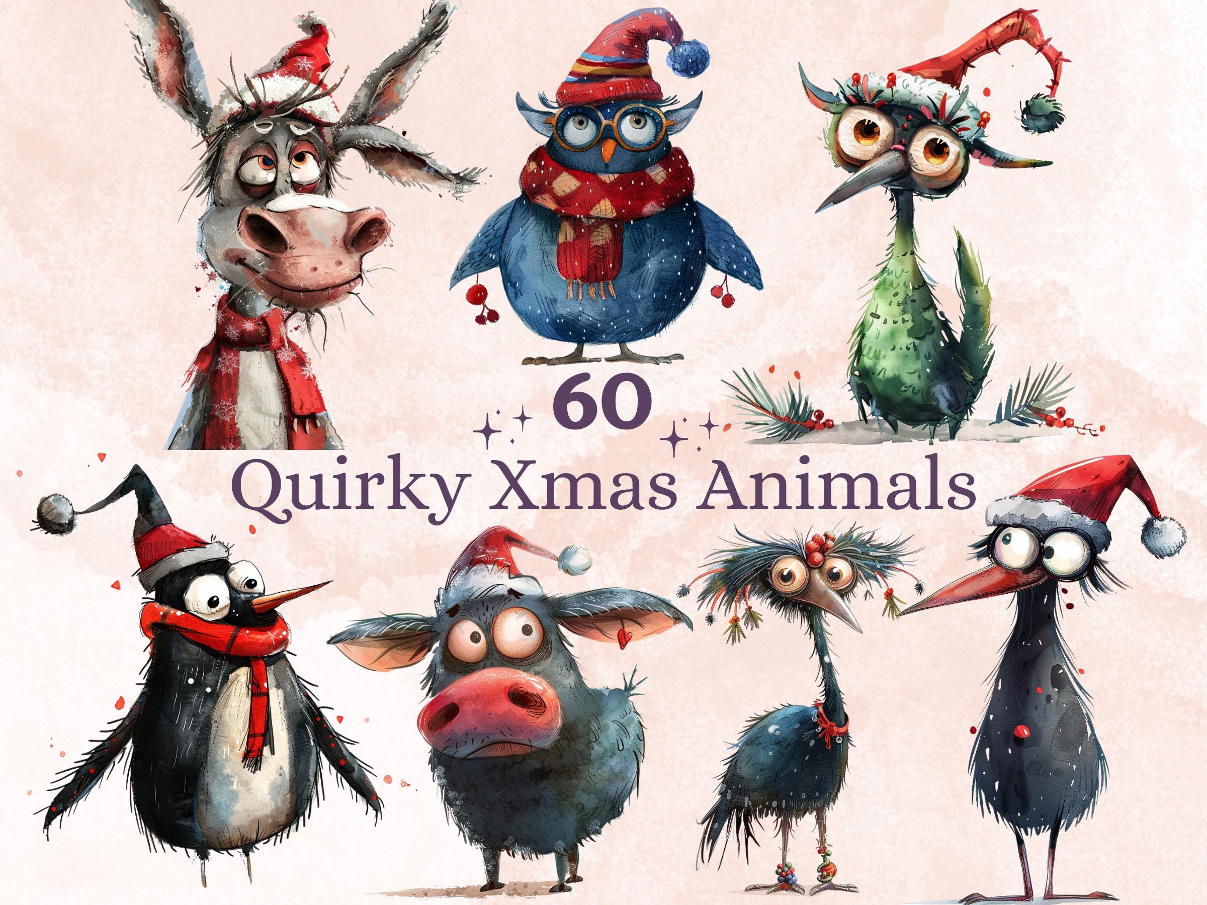 60 PNG Quirky Christmas Animals Clipart, Whimsical Christmas Illustrations Clip art, Quirky Animals Bundle png, Fantasy Xmas Sublimation