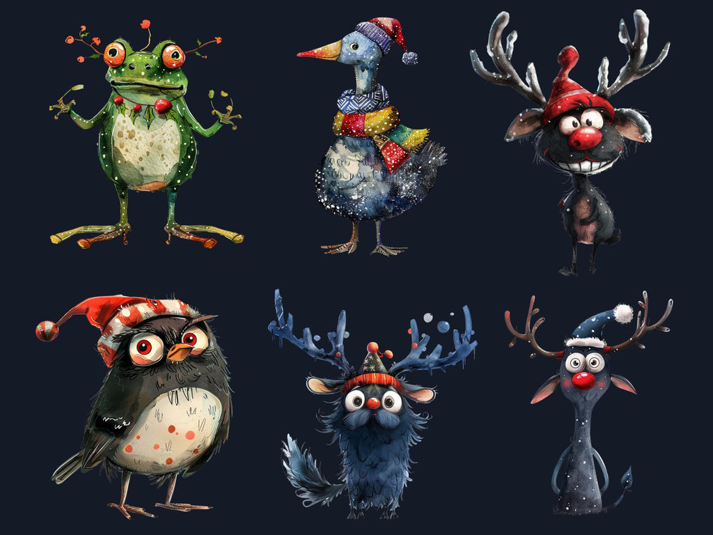 60 PNG Quirky Christmas Animals Clipart, Whimsical Christmas Illustrations Clip art, Quirky Animals Bundle png, Fantasy Xmas Sublimation