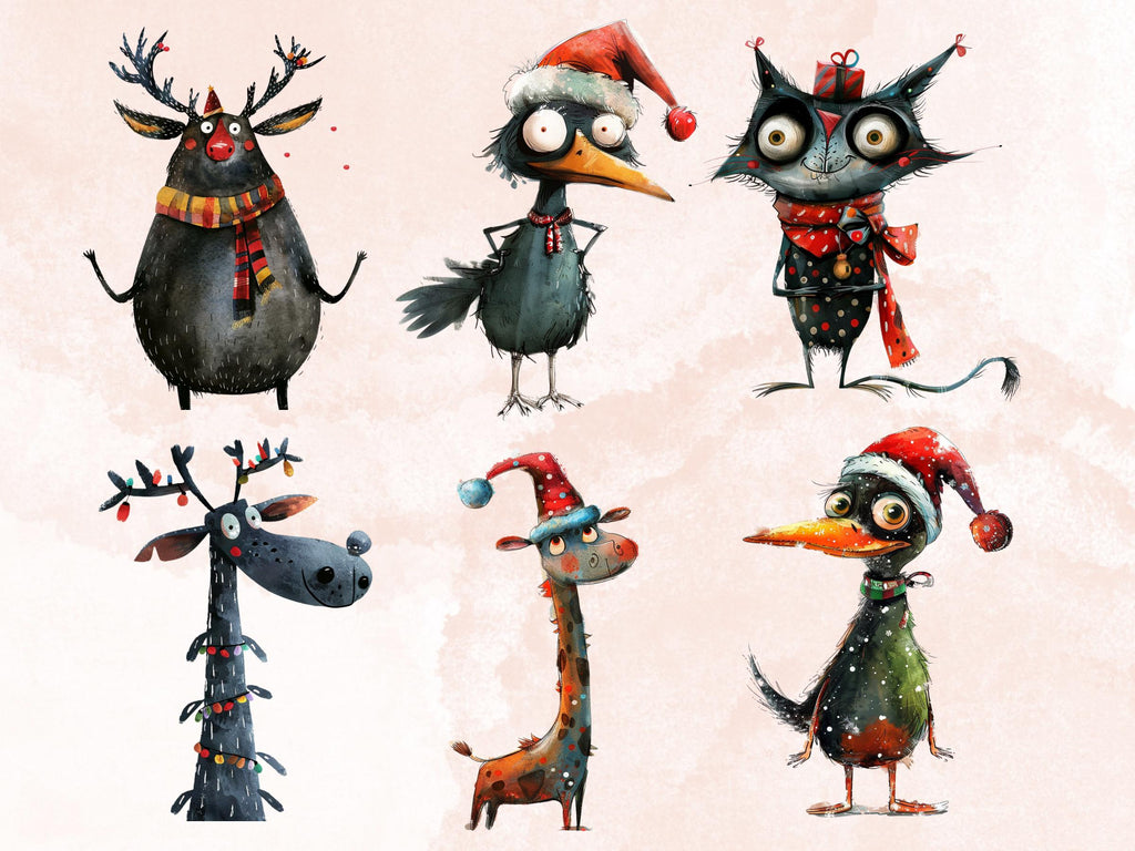 60 PNG Quirky Christmas Animals Clipart, Whimsical Christmas Illustrations Clip art, Quirky Animals Bundle png, Fantasy Xmas Sublimation