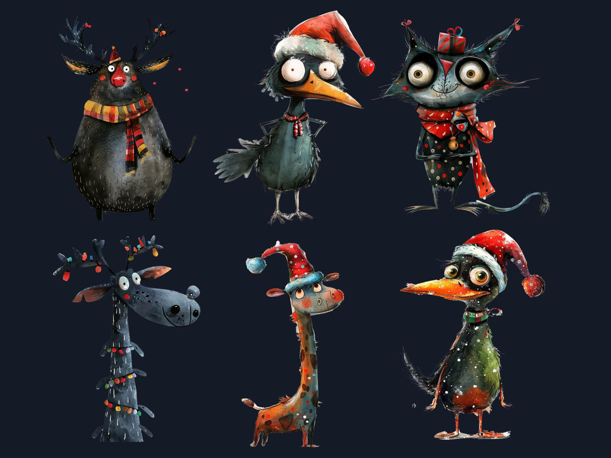 60 PNG Quirky Christmas Animals Clipart, Whimsical Christmas Illustrations Clip art, Quirky Animals Bundle png, Fantasy Xmas Sublimation