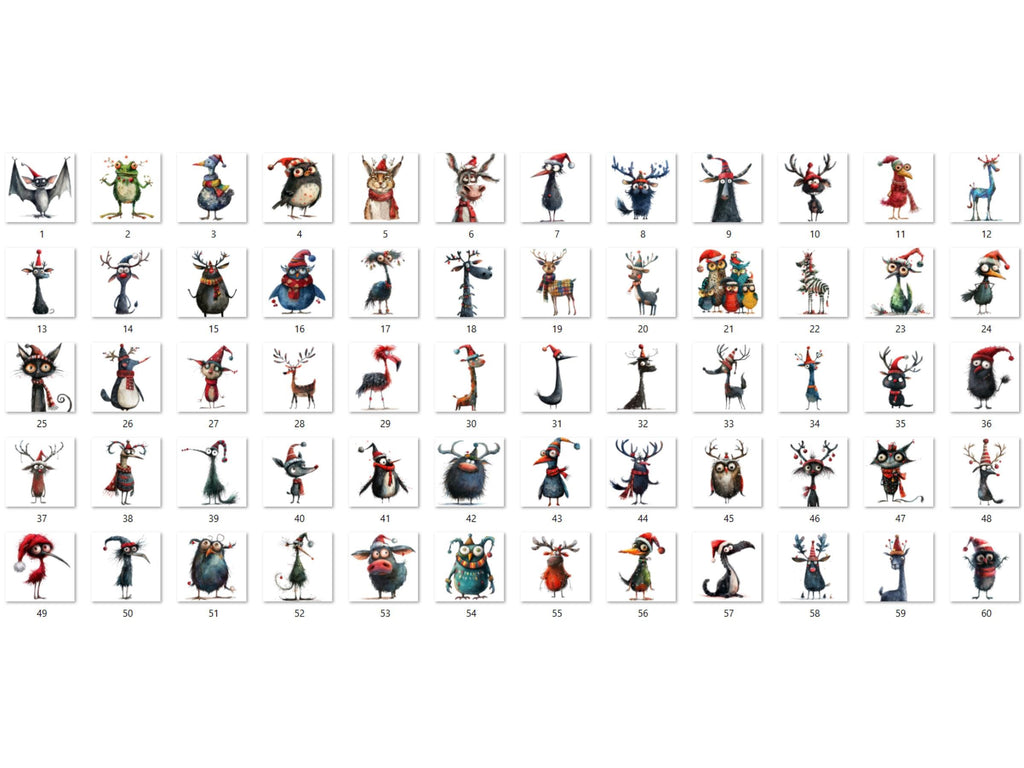 60 PNG Quirky Christmas Animals Clipart, Whimsical Christmas Illustrations Clip art, Quirky Animals Bundle png, Fantasy Xmas Sublimation