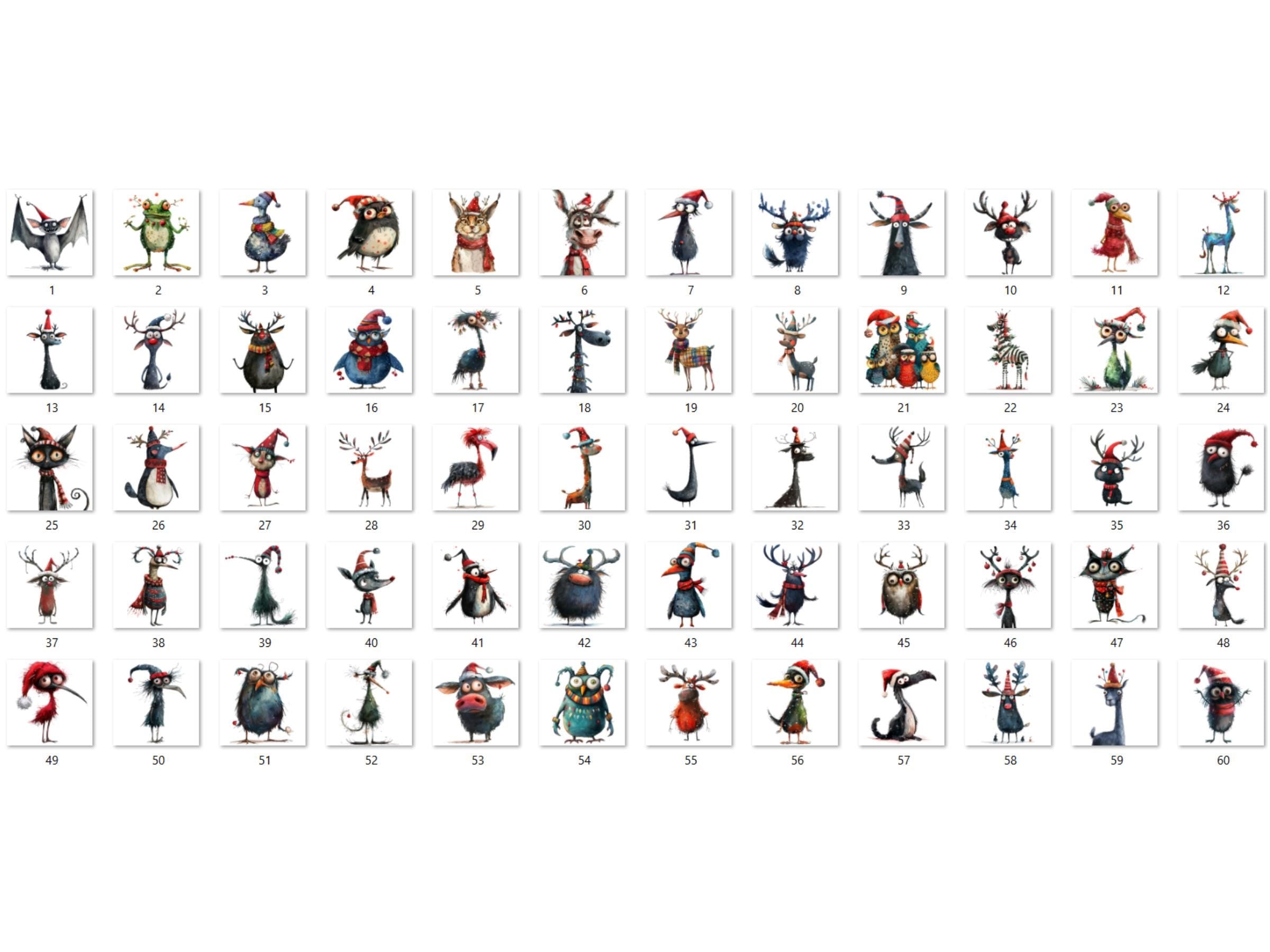60 PNG Quirky Christmas Animals Clipart, Whimsical Christmas Illustrations Clip art, Quirky Animals Bundle png, Fantasy Xmas Sublimation