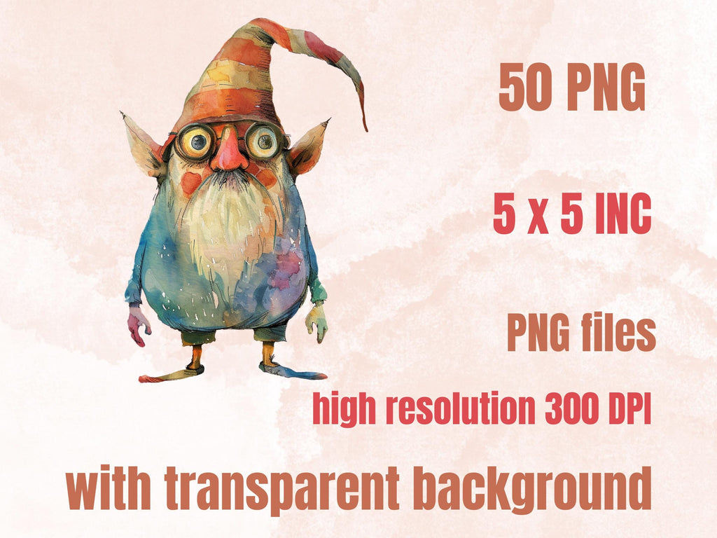 50 PNG Watercolor Whimsical Gnomes Clipart, Funny Quirky Gnome Illustrations Clip art, Cute Garden Gnome png, Cartoon Whimsical Sublimation