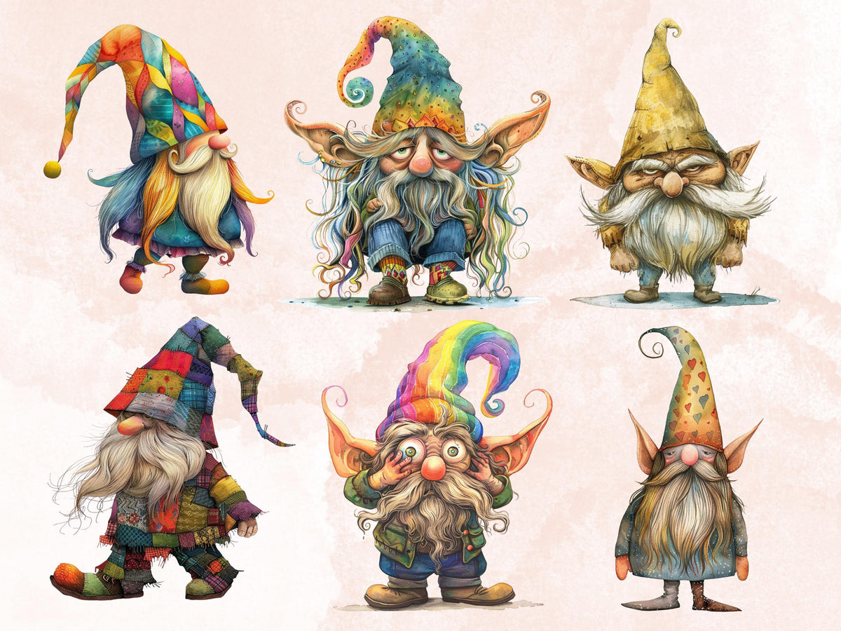 50 PNG Watercolor Whimsical Gnomes Clipart, Funny Quirky Gnome Illustrations Clip art, Cute Garden Gnome png, Cartoon Whimsical Sublimation