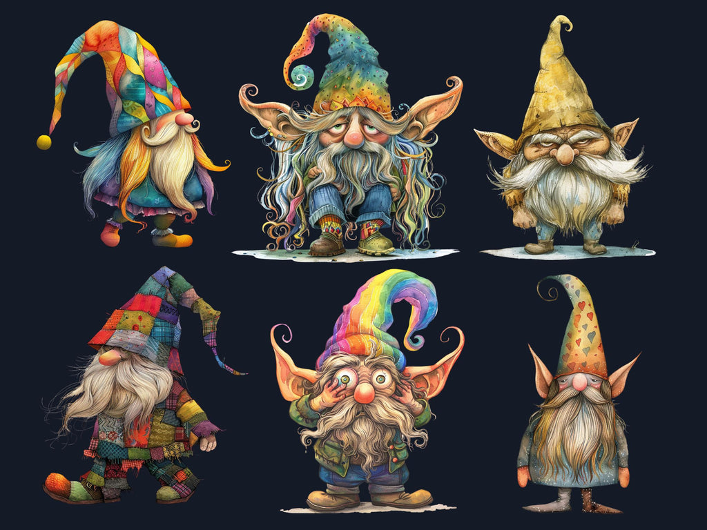 50 PNG Watercolor Whimsical Gnomes Clipart, Funny Quirky Gnome Illustrations Clip art, Cute Garden Gnome png, Cartoon Whimsical Sublimation