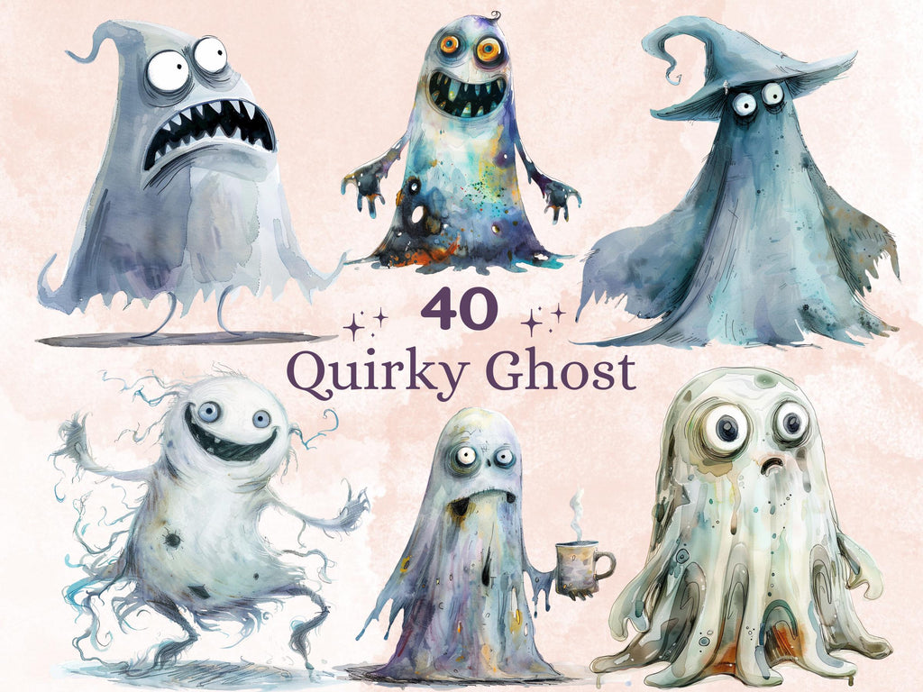 40 PNG Watercolor Quirky Ghost Clipart, Funny Whimsical Ghost Illustrations Clip art, Cute Creepy Ghost png, Spooky Whimsical Sublimation