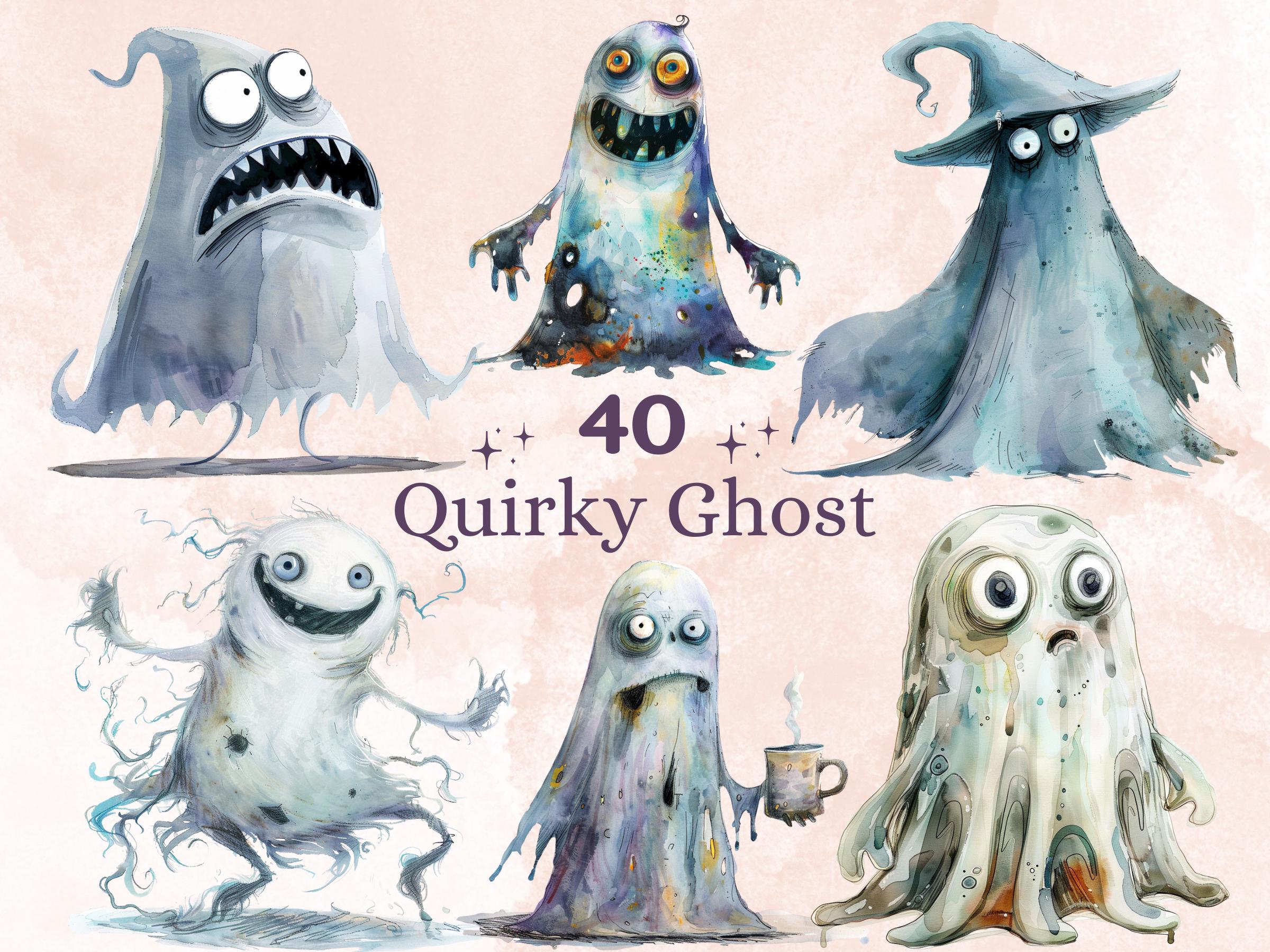 40 PNG Watercolor Quirky Ghost Clipart, Funny Whimsical Ghost Illustrations Clip art, Cute Creepy Ghost png, Spooky Whimsical Sublimation