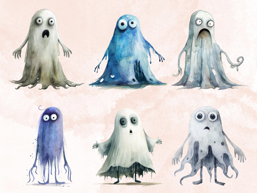40 PNG Watercolor Quirky Ghost Clipart, Funny Whimsical Ghost Illustrations Clip art, Cute Creepy Ghost png, Spooky Whimsical Sublimation