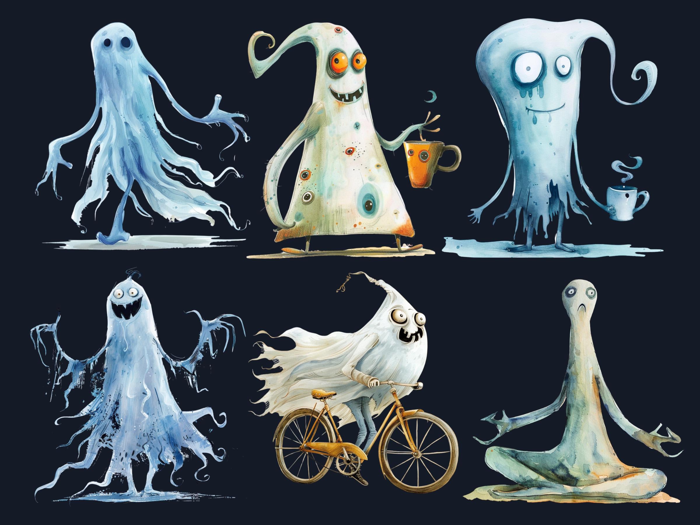 40 PNG Watercolor Quirky Ghost Clipart, Funny Whimsical Ghost Illustrations Clip art, Cute Creepy Ghost png, Spooky Whimsical Sublimation