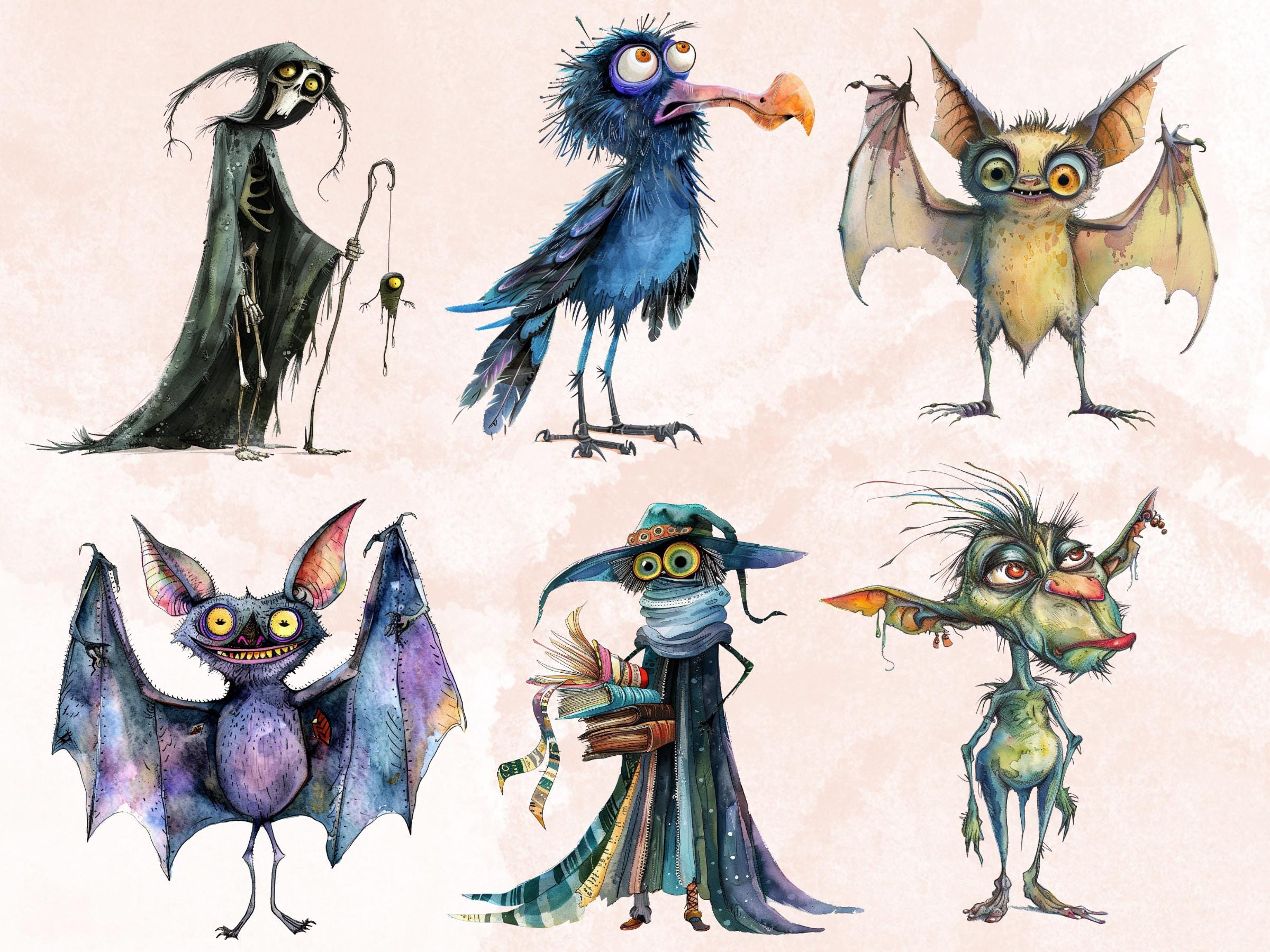 60 PNG Watercolor Quirky Creepy Clipart, Gothic Whimsical Girl Illustrations Clip art, Cute Creepy png, Spooky Scary Whimsical Sublimation
