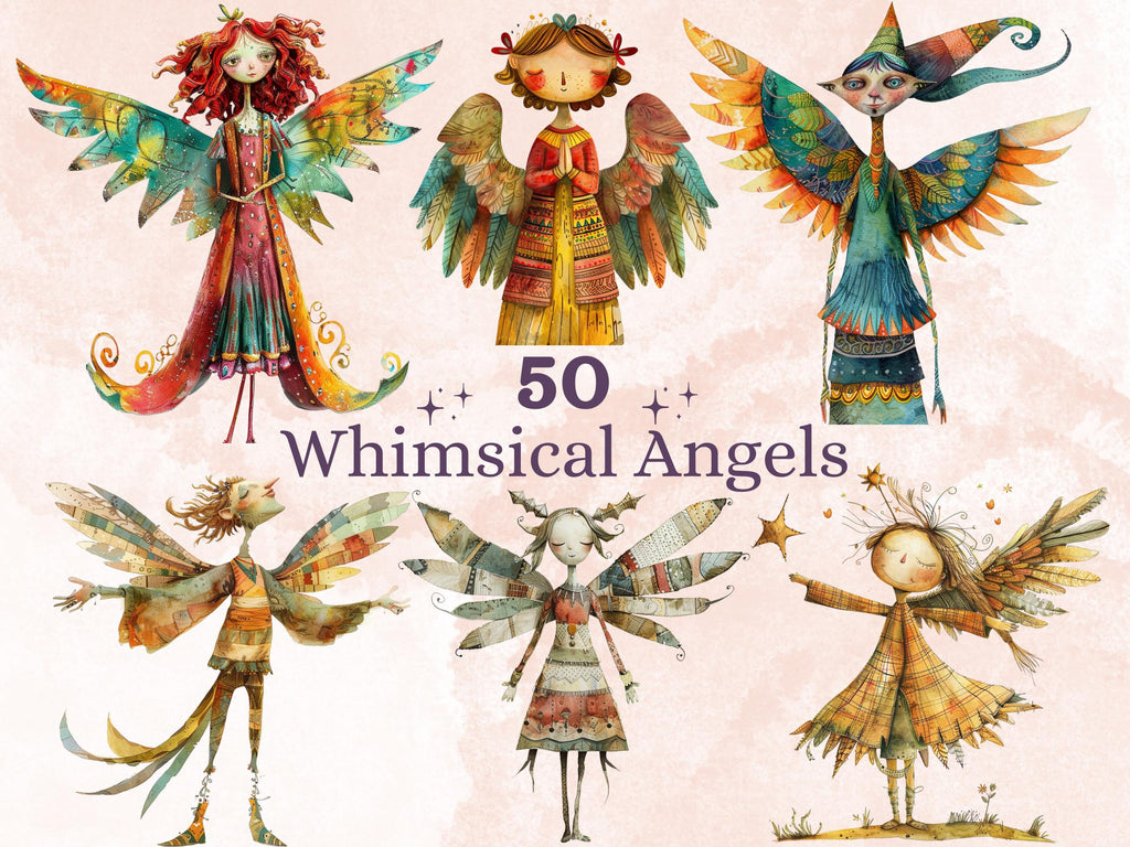 50 PNG Watercolor Whimsical Clipart, Quirky Angel Illustrations Clip art, Peculiar Fairy Girl png, Whimsical Mixed Media Art Sublimation